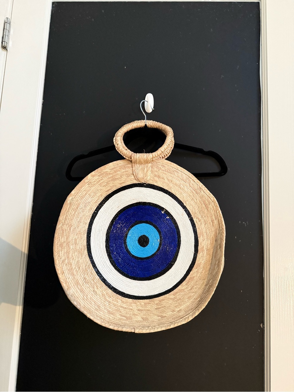 Round Handwoven Straw Tote with Blue Evil Eye Motif